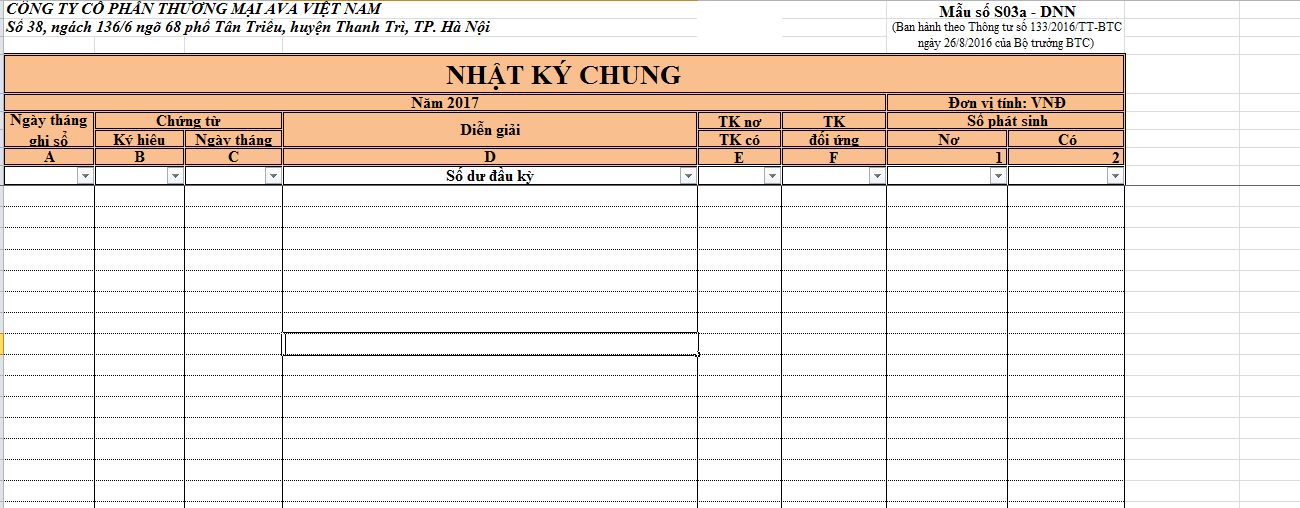 Mẫu sổ Excel công ty thương mại dịch vụ theo thông tư số 133