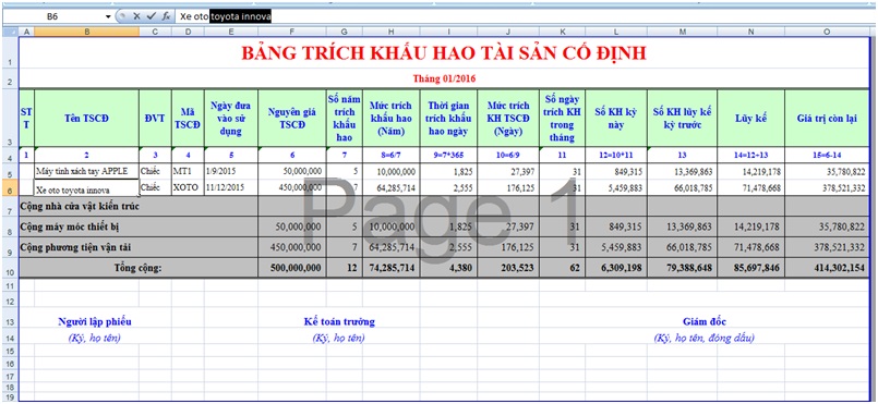 Cách lập bảng khấu hao TSCĐ