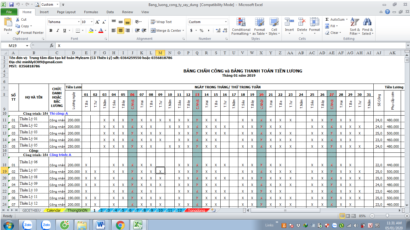 Bảng thanh toán tiền lương trên excel 