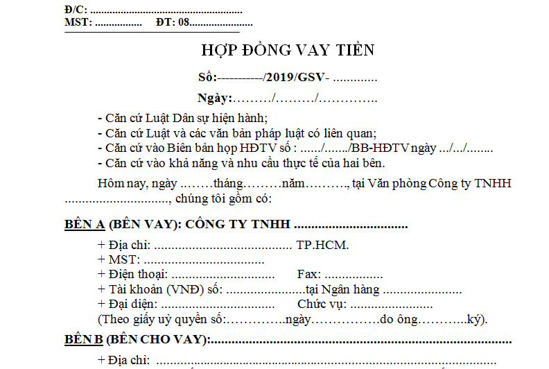 Mẫu hợp đồng vay cá nhân