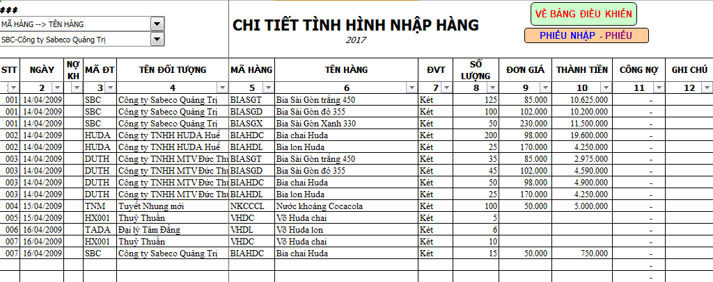 Bảng Excel theo dõi vật tư - công nợ tự động cực kỳ tiện lợi