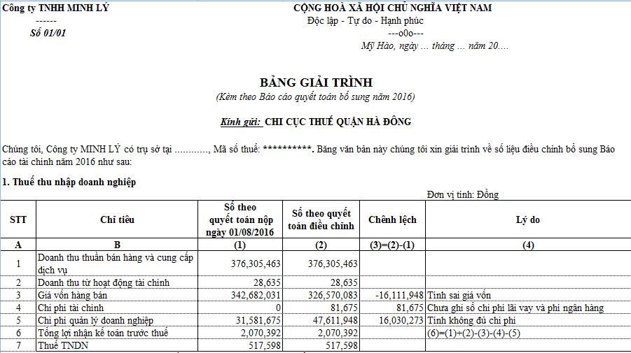 FILE EXCEL GIẢI TRÌNH BÁO CÁO TÀI CHÍNH