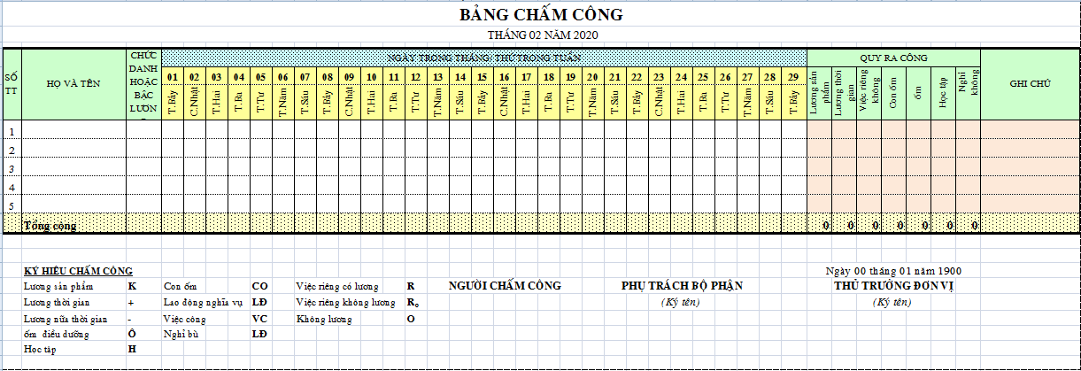 BẢNG CHẤM CÔNG TỰ ĐỘNG CHỈ CẦN NHẬP NĂM 