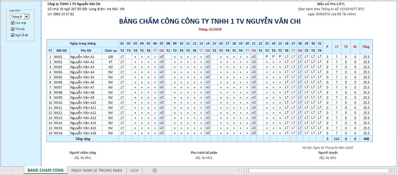 Bảng chấm công tự động