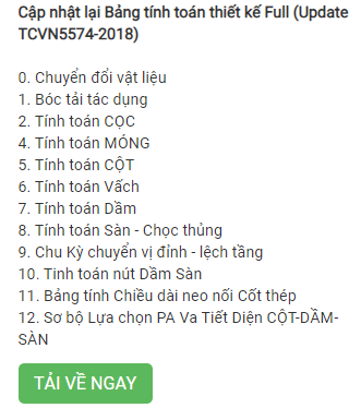 Các cập nhật và bổ sung mới bảng tính trong khoá học thiết kế kết cấu